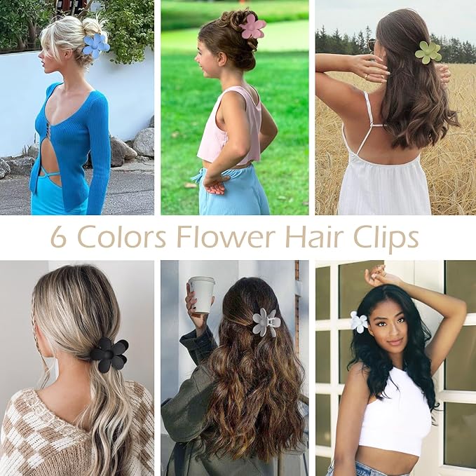 Flower Hair Clips 6 PCS Flower Claw Clips Daisy Clips for Women Matte Large Claw Clips Strong Hold Jaw Clamps Hair Accessories for Thick Hair 6 Colors