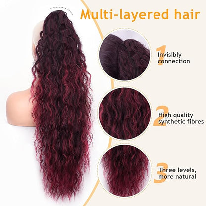 ORSUNCER Ponytail Extension Claw 30" Curly Pony Tail Clip in Claw Hair Extensions Fluffy Natural Looking Synthetic Hairpiece for Women Omber Burgundy