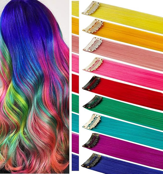 9PCS Girls Hair Accessories Party Highlights Colorful Clip in Synthetic Hair Extensions，Straight Long Hairpieces (Rainbow)