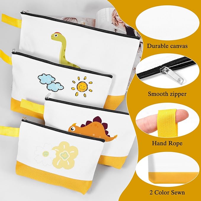 10 Pieces Cotton Canvas Makeup Bag with Bottom and Strap, Multi-Purpose Cosmetic Bag with Zipper Travel Toiletry Pouch, Blank DIY Craft Bag (White&Yellow, S)