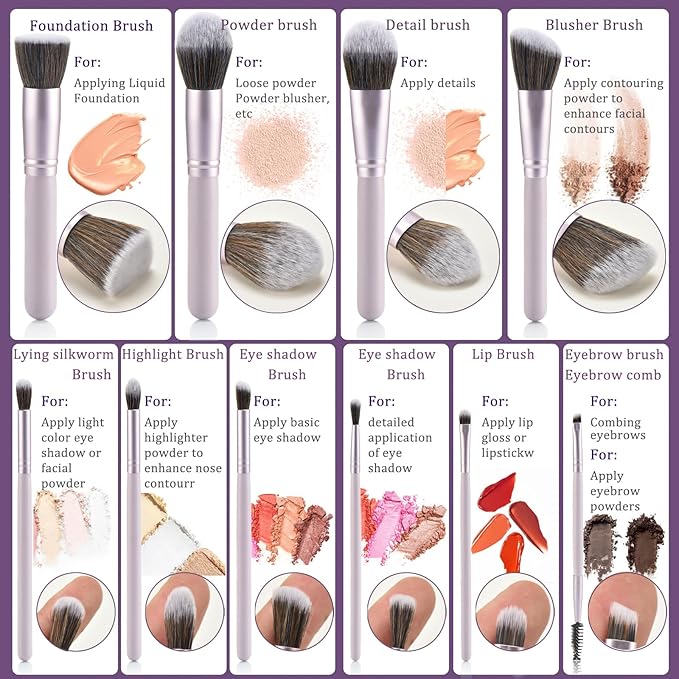 29Pcs Makeup Tool Set Includes: Wooden Handle 10Pcs Kabuki Makeup Brush set 18Pcs Makeup Sponges Suitable for makeup artists and perfect gifts (Purple 29pcs)