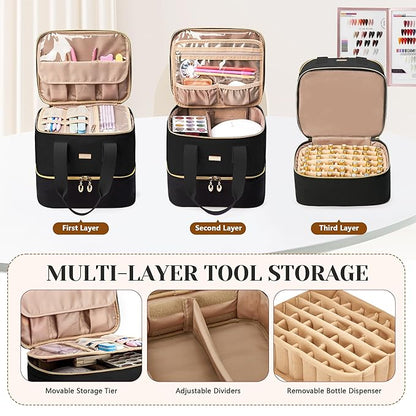 Nail Polish Organizer, Double Layer Nail Organizer and Storage Box Holds 42 Bottles & Nail Tech Kit Supplies, Large Capacity Nail Polish Organizer Case Carrying Bag, Black, BM007