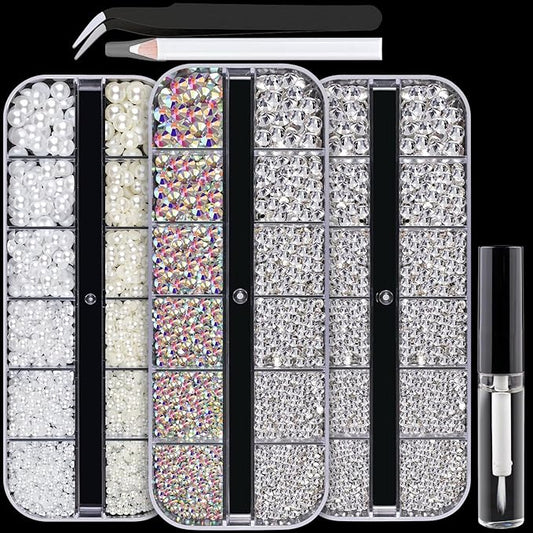 Nail Art Rhinestones Kit with Flatback Crystal (AB&Clear + Clear) Gems, (White & Beige) Half Pearls with Dotting Tools, Nail Rhinestones Jewels for Manicure Makeup