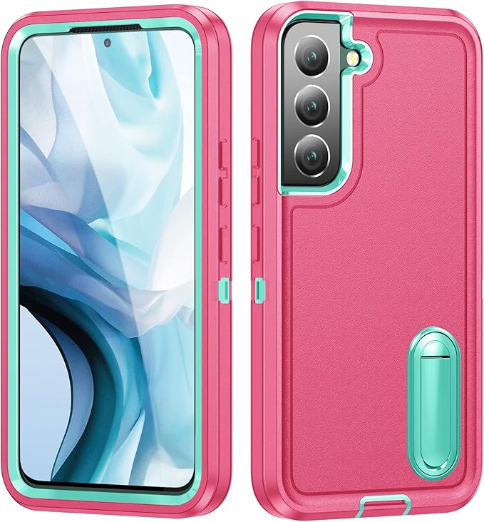 for Samsung Galaxy S22 Plus Case Galaxy S22+ Case with Kickstand Case 3-Layer Military Grade Protective Case Cover Silicone Rugged Shockproof for Galaxy S22 Plus S22+ Phone Case Rose Red+Cyan