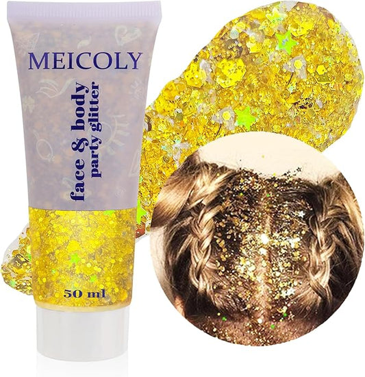 MEICOLY Gold Body Glitter,Yellow Face Glitter,Music Festival Accessories Outfits for Women,Mermaid Sequins Hair Glitter Makeup,Sparkle Face Body Glitter for Country Concert,Mardi Gras Accessories