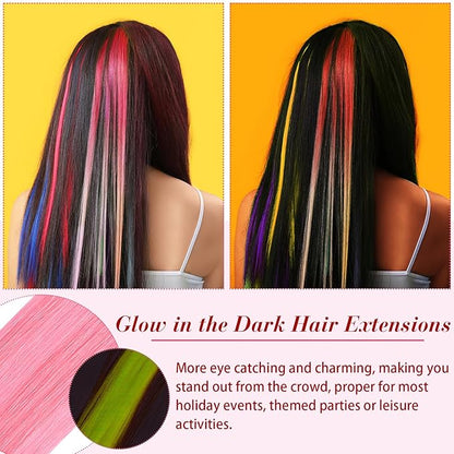 20 Pcs Glow in the Dark Colored Hair Extensions Clip 20 Inch Rainbow Party Hairpiece for Women, 10 Color(Pink)