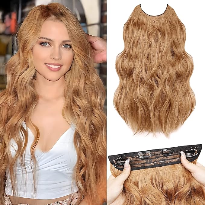 MORICA Invisible Wire Hair Extensions - 20 Inch Copper Brown Long Wavy Synthetic Hairpiece with Transparent Wire Adjustable Size, 4 Secure Clips for Women
