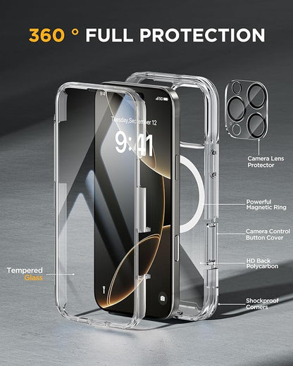 Miracase Magnetic for iPhone 16 Pro Case Full-Body Phone with Built-in Glass Screen Protector, [Compatible with MagSafe] Military Drop Proof 16 Pro Cover Bumper 6.3 inch, Clear