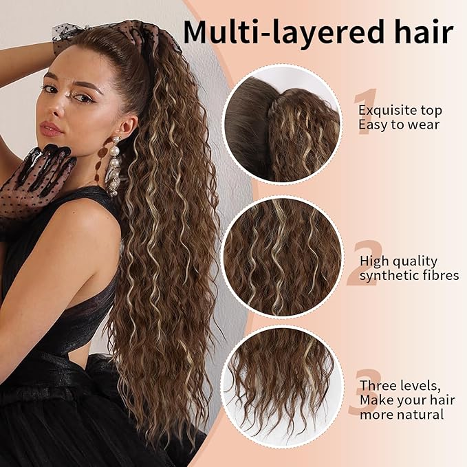 ORSUNCER Ponytail Extension 30" Curly Pony Tail Clip in hair extensions Fluffy Natural Looking Synthetic Hairpieces for Women Light Brown with Blonde