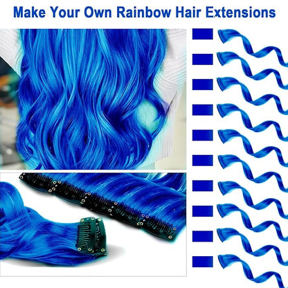 10 PCS Blue Clip-in Curly Wavy Synthetic Hair Extensions, Rainbow Neon Party Highlights, Colorful Hair Accessories for Kids, Girls, Women, 17 Inch