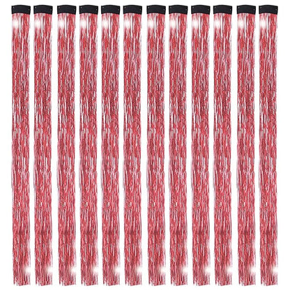12PCS Tinsel Hair Extensions Glitter Hair Extension Clip in Gold Sparkling Fairy Hair Tinsel Kit Shiny Highlights Colorful Heat Resistant Hair Accessories for Girls Xmas New Year Party-Red