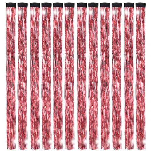 12PCS Tinsel Hair Extensions Glitter Hair Extension Clip in Gold Sparkling Fairy Hair Tinsel Kit Shiny Highlights Colorful Heat Resistant Hair Accessories for Girls Xmas New Year Party-Red