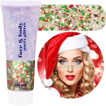 Christmas Makeup Face Glitter Gel,Green Red Body Glitter Gel Rave Accessories,Stocking Stuffers Kids Self-Adhesive Sequins Glitter,Sparkling Festival Party Gift for Women Girls,50ML