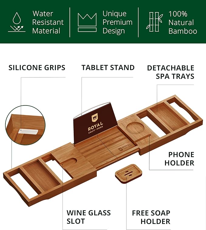 ROYAL CRAFT WOOD Premium Foldable Bathtub Tray - Expandable Bath Tray for Tub - Luxury Bathtub & Bathroom Accessories