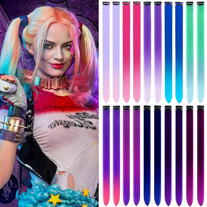 20 PCS Colored Hair Extensions, Colorful Party Highlights Clip in Long Straight Synthetic Hair Extensions, Ombre Color Hair Hairpieces for Girl Women Kids Cosplay Party Gift 22 inch
