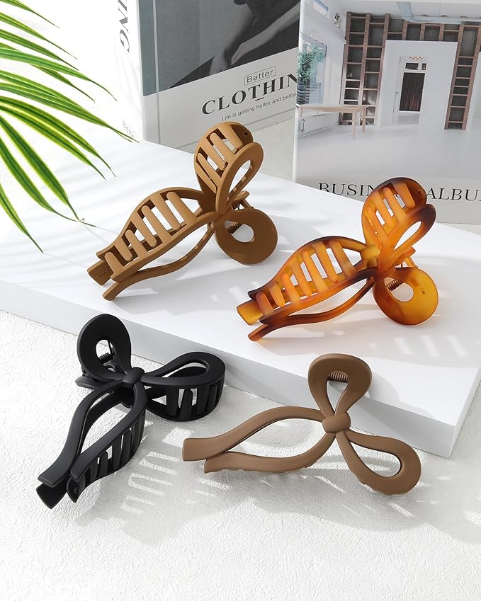 4 PCS Bow Hair Clips Bow Claw Clip for Women Nonslip Large Hair Claw Clips for Thin and Thick Hair Strong Hold Hair Bows (Tortoise+Camel+Black+Coffee)