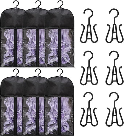 6-Pack Hair Extension Holder - Wig Storage Bags with Hanger for Multiple Wigs, Dust-proof, Ideal for Hair Extensions & Accessories
