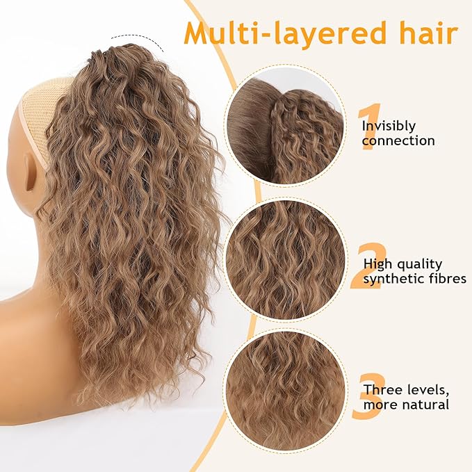 ORSUNCER Ponytail Extension Claw 18" Curly Pony Tail Clip in Claw Hair Extensions Fluffy Natural Looking Synthetic Hairpiece for Women Omber Brown