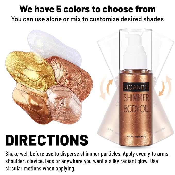 UCANBE Body Shimmer Oil - 100ml, Waterproof Shimmering Body Luminizer, Tinted Glow Glitter Oil, Golden Brown
