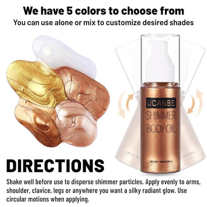UCANBE Body Shimmer Oil - 100ml, Waterproof Shimmering Body Luminizer, Tinted Glow Glitter Oil, Golden Brown