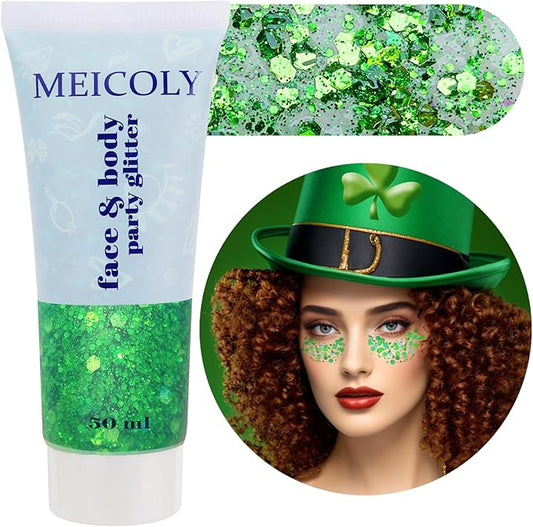 MEICOLY Green Face Body Glitter,St Patricks Day Accessories,Green Face Paint Glitter Gel Chunky Makeup,Sparkling Festival Rave Outfits for Women,Saint Patrick's Day Hair Alien Glitter