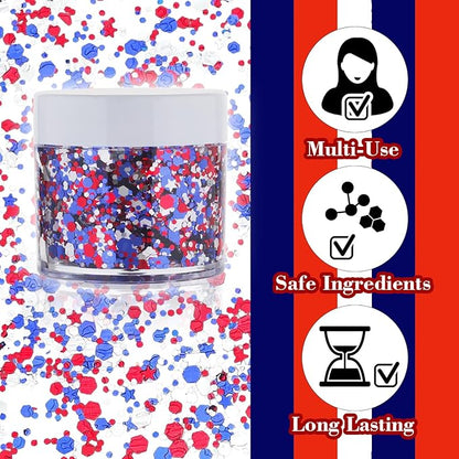 Red White Blue USA Flag Patriotic Memorial Day Face Glitter,4th of July Accessories Independent Day Body Glitter Face Paint,Fourth of July Outfits for Women,Festival Celebrations Makeup