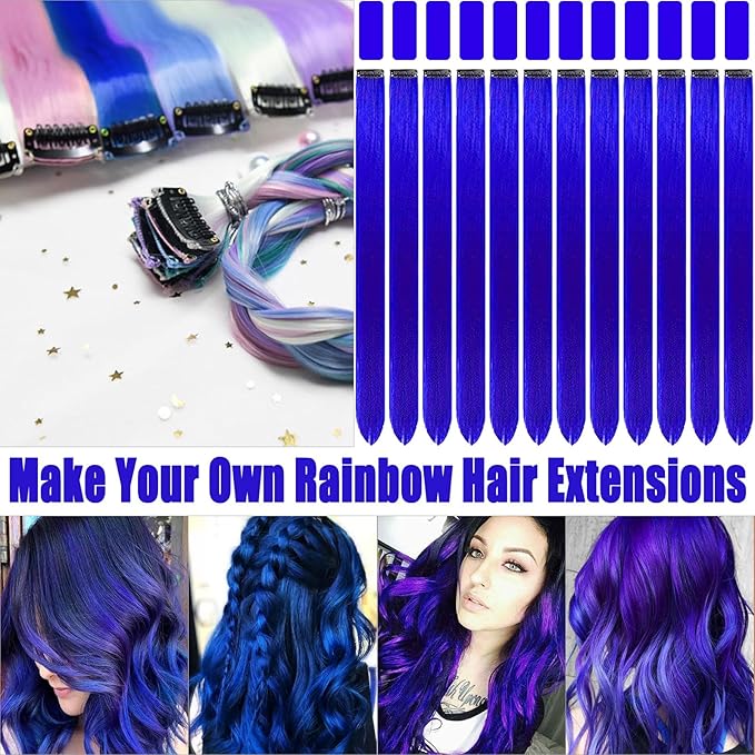 12 PCS Blue Hair Extensions Clip in, 22 Inch Colored Hair Extensions Party Highlights Long Straight Synthetic Hairpieces for Women Kids Girls