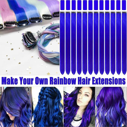 12 PCS Blue Hair Extensions Clip in, 22 Inch Colored Hair Extensions Party Highlights Long Straight Synthetic Hairpieces for Women Kids Girls