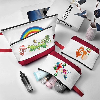 10 Pieces Cotton Canvas Makeup Bag with Bottom and Strap, Multi-Purpose Cosmetic Bag with Zipper Travel Toiletry Pouch, Blank DIY Craft Bag (White&Red, S)
