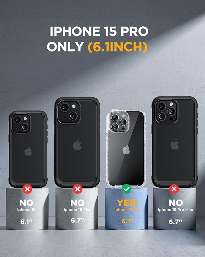 Miracase for iPhone 15 Pro Case Full-Body Built-in Glass Screen Protector& Camera Protector, Military Drop Proof 15 Pro Phone Cover 6.1 inch, Clear Glitter