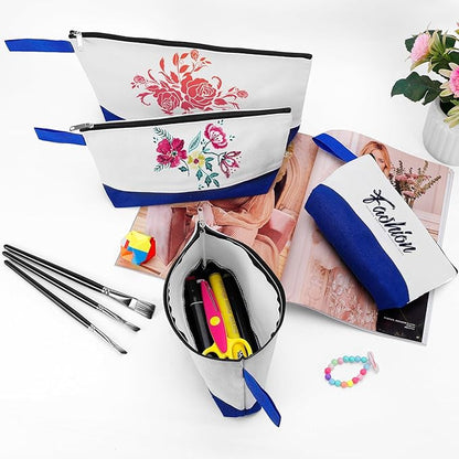 10 Pieces Cotton Canvas Makeup Bag with Bottom and Strap, Multi-Purpose Cosmetic Bag with Zipper Travel Toiletry Pouch, Blank DIY Craft Bag (White&Blue, L)