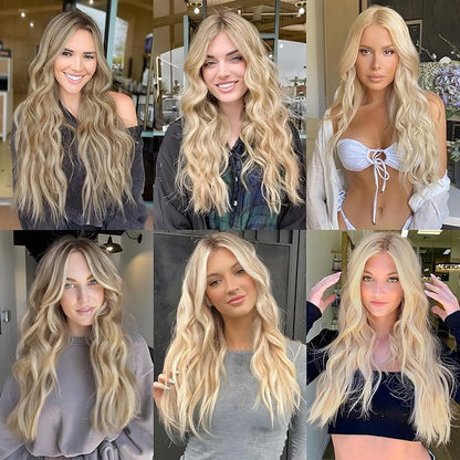 MORICA Invisible Wire Hair Extensions - 20 Inch Blonde Long Wavy Synthetic Hairpiece with Transparent Wire Adjustable Size, 4 Secure Clips for Women