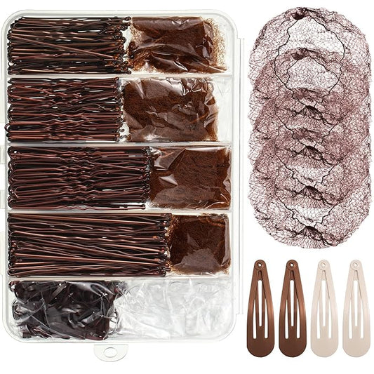368 Pcs Brown Bobby Pins Hair Pins - 100 Bobby Pins Brown Hair 100 Hair Pins for Women 160 Hair Rubber Bands 4 Hair Clips 4 Hair Nets for Buns with Box
