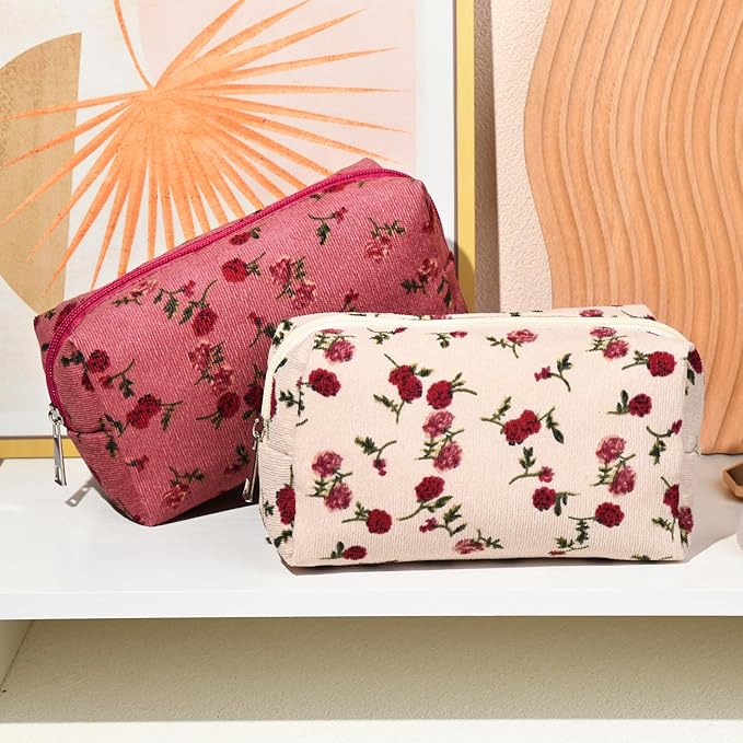 2 Pieces Makeup Bag Floral Cosmetic Bag Purple Blue Makeup Pouch Travel Toiletry Bag Organizer Cute Makeup Brushes Storage Bag for Women