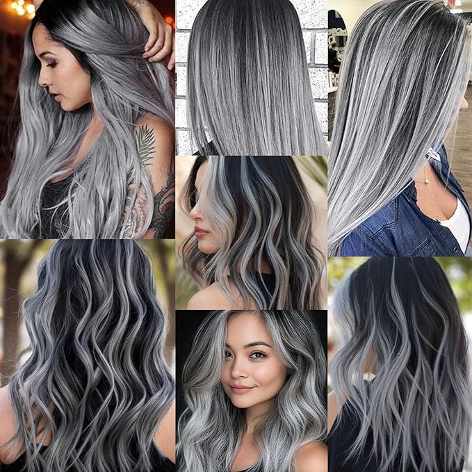 22 inch Colored Hair Extensions Straight Hairpiece, Multi-colors Party Highlights Clip in Synthetic Hair Extensions for Girls Women Kids Favor Gift(10 PCS Grey)