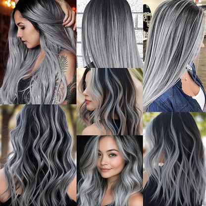 22 inch Colored Hair Extensions Straight Hairpiece, Multi-colors Party Highlights Clip in Synthetic Hair Extensions for Girls Women Kids Favor Gift(10 PCS Grey)