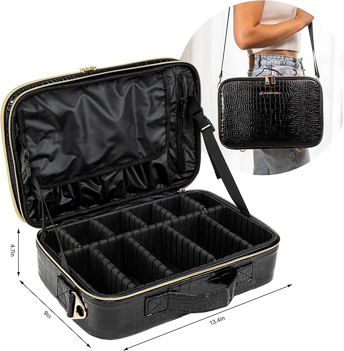 (Not Made In China) Travel Makeup Train Case, Cosmetic Case Organizer, Make Up Bag Storage With Adjustable Dividers For Cosmetics, Jewelry, Fragrance, Nail Polish and Brushes (1, Crocodile, Large)