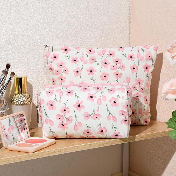 2 Pieces Flower Makeup Bag Large Floral Cosmetic Bag Capacity Canvas Mix Travel Toiletry Bag Organizer Cute Makeup Brushes Aesthetic Accessories Storage Bag for Women, Flower Mix Pink