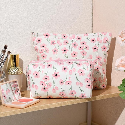 2 Pieces Flower Makeup Bag Large Floral Cosmetic Bag Capacity Canvas Mix Travel Toiletry Bag Organizer Cute Makeup Brushes Aesthetic Accessories Storage Bag for Women, Flower Mix Pink