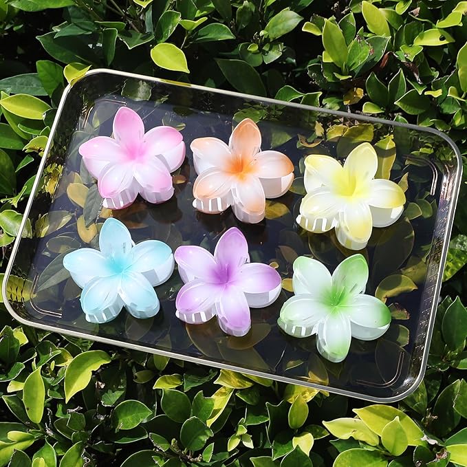 Hawaiian Plumeria Hair Accessories - 6 Pack Large Claw Clips for Thick and Thin Hair, Beach Tropical Hair Clips for Women and Girls