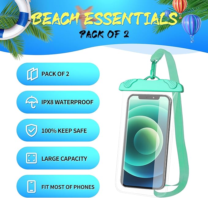 2-Pack Waterproof Phone Pouch, 100% Waterproof Phone Case, Cellphone Dry Bag with Lanyard for iPhone 15 14 13 Pro Max Plus, Samsung, Pixel and Up to 7.7" - Beach Cruise Snorkeling Essential