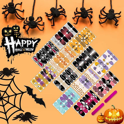 12 Sheets Halloween Nail Wraps Stickers, Nail Polish Strips DIY Self-Adhesive Full Glitter Nail Art Decals Pumpkin Bat Ghost Spider Skull Pattern with 2 Piece Nail Files for Party Decor (168 Pieces)