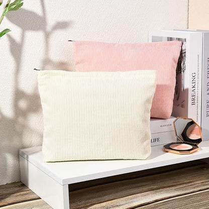 2 Pieces Corduroy Makeup Bag Large Corduroy Cosmetic Bag Capacity Canvas Travel Toiletry Bag Organizer Cute Makeup Brushes Aesthetic Accessories Storage Bag for Women, Corduroy L White Pink