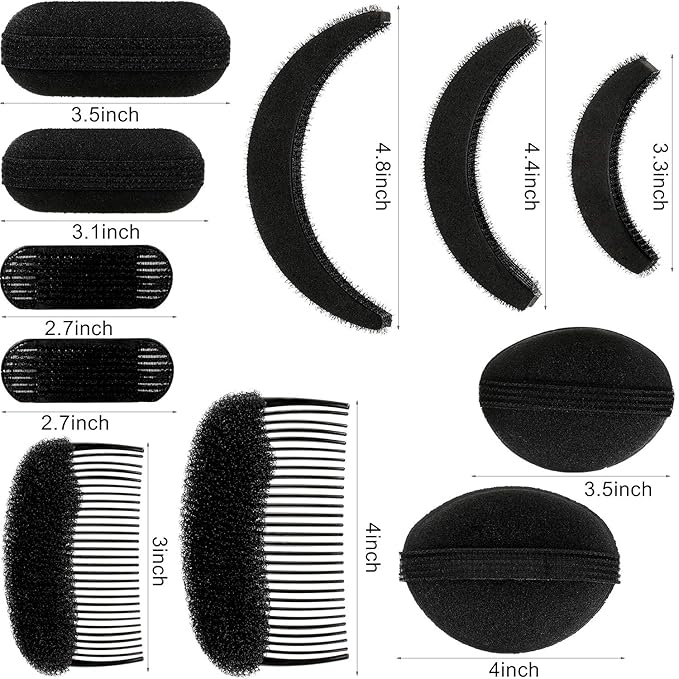 11 Pieces Hair Bump Sponge Volume Hair Bases Set Bump It Accessory for Volume Insert Styling Tools up Combs Clips Sponge Bun Updo Accessories for Women DIY Hairstyles(Black)