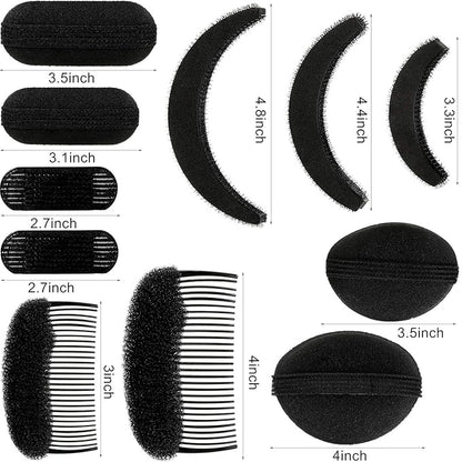 11 Pieces Hair Bump Sponge Volume Hair Bases Set Bump It Accessory for Volume Insert Styling Tools up Combs Clips Sponge Bun Updo Accessories for Women DIY Hairstyles(Black)
