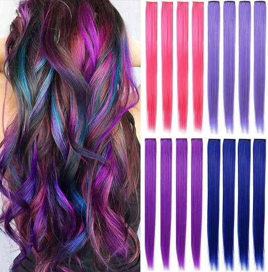 20 Inch Colored Party Highlights Straight Clip in Hair Extensions,Heat-Resistant Synthetic Hair Extensions Multicolors 12 PCS (Pink Purple Lavender Blue)