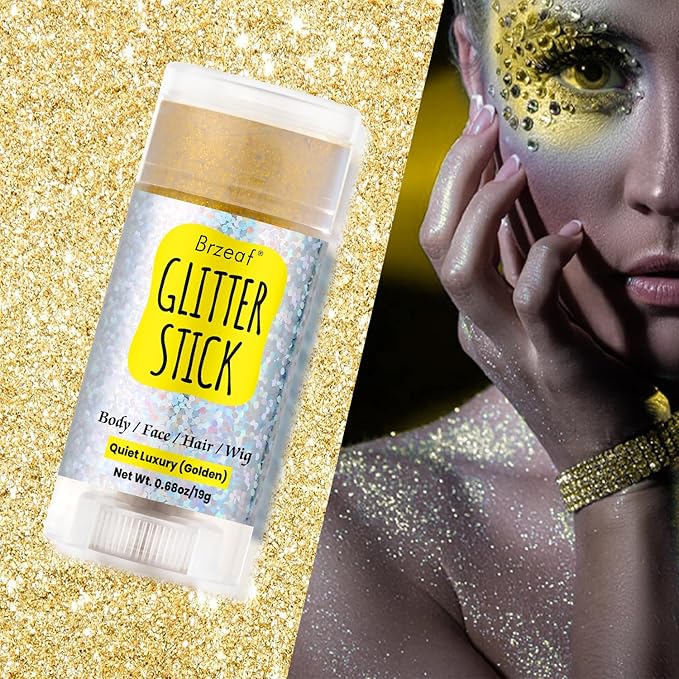Brzeaf Waterproof Golden Glitter Stick, Face Glitter Makeup, Shimmery & Long Lasting, Chunky Glitter for Face/Body/Hair/Eyes/Lip, Singer Concert Music Christmas Rave Festival
