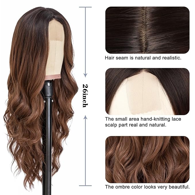 NAYOO Long Ombre Brown Wavy Wig for Women 26 Inch Middle Part Curly Wavy Wig Natural Looking Synthetic Heat Resistant Fiber for Daily Party Use (Ombre Brown)