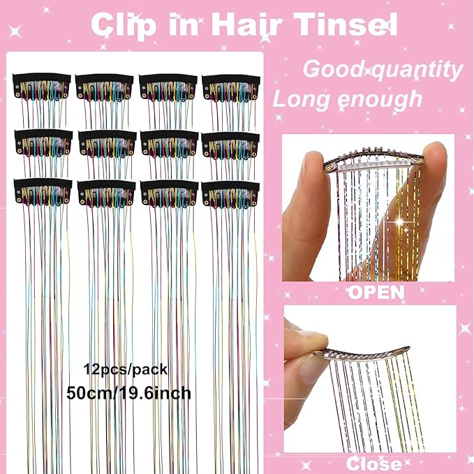 12Pcs Hair Tinsel Clip in Glitter Tinsel Hair Extensions 19.6Inch Clip in Hair Tinsel Kit Heat Resistant Shiny Sparkly Fairy Hair Accessories for Women Girls Kids (Rainbow)