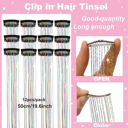 12Pcs Hair Tinsel Clip in Glitter Tinsel Hair Extensions 19.6Inch Clip in Hair Tinsel Kit Heat Resistant Shiny Sparkly Fairy Hair Accessories for Women Girls Kids (Rainbow)